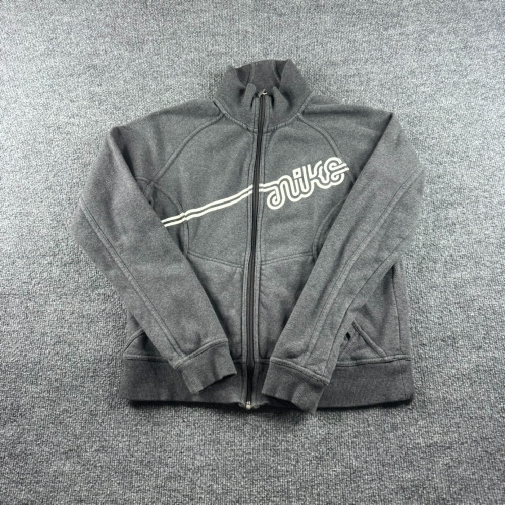 Nike Sweatshirt Women L Gray Full Zip Pullover Fleece Mock Neck Spell Out Logo